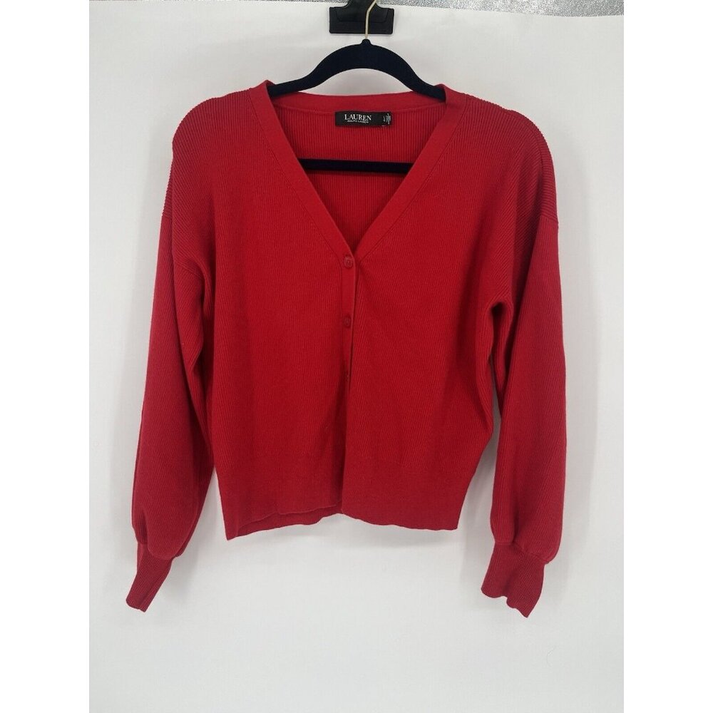 Lauren Ralph Lauren Black Label Red Ribbed Cardigan Puff Sleeve Sz L